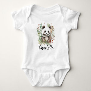 Cute Panda Baby Rustic Christmas botanicals Baby Bodysuit