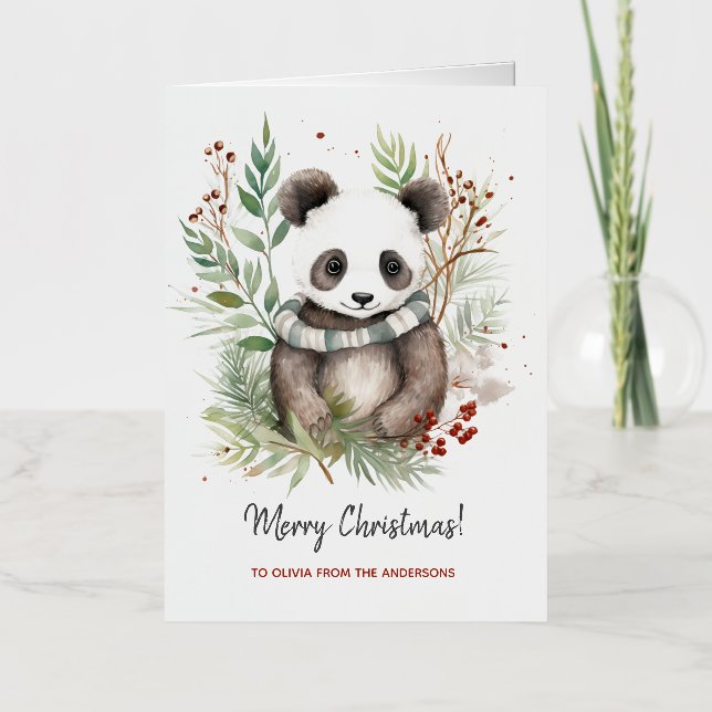 Cute Panda Baby Rustic Christmas botanicals Foil Greeting Card (Front)