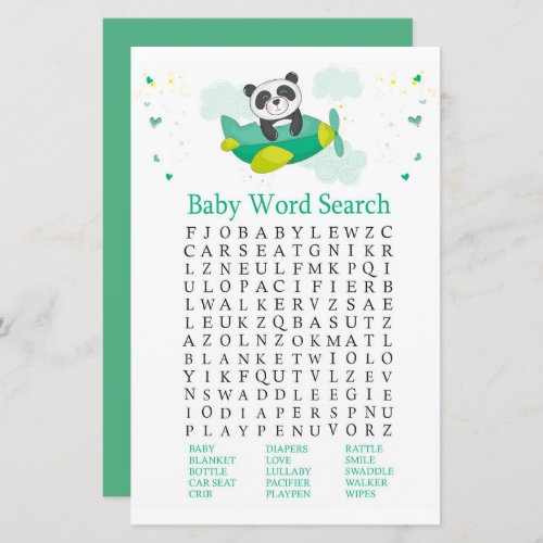 Cute panda Baby Shower Word Search Game