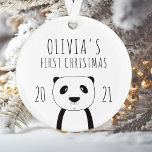 Cute Panda Babys First Christmas Black White Ornament<br><div class="desc">Commemorate baby's first Christmas with this cute keepsake ornament,  featuring a simple modern black and white drawing of a panda. Personalize it with baby's name and the year in hand-drawn printing font.</div>