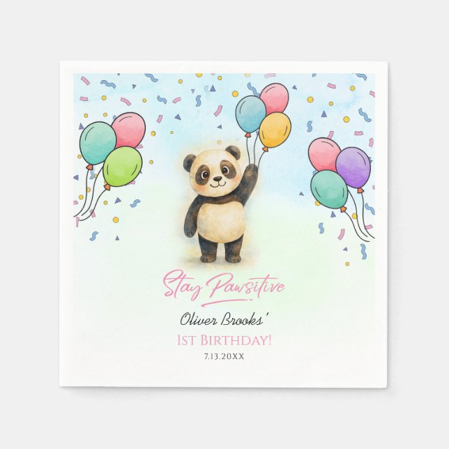 Cute Panda Balloon 1st Birthday Party  Napkins (Front)