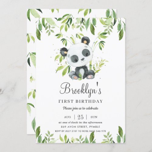 Cute Panda Bamboo Greenery 1st Birthday Party Invitation