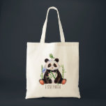 Cute Panda Bear & a Bird Watercolors Tote Bag<br><div class="desc">Cute panda bear with bamboo and cute green bird watercolors illustration. Optional text.</div>