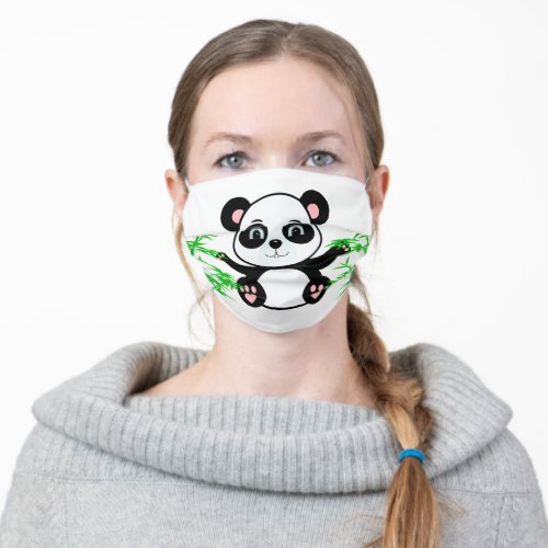 Cute panda bear and bamboo plants on white adult cloth face mask