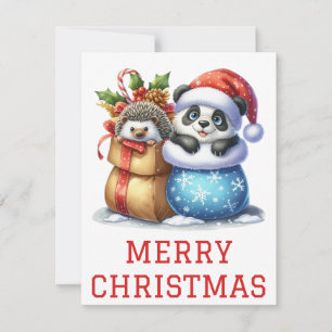Cute Panda Bear and Hedgehog Cub Christmas Card