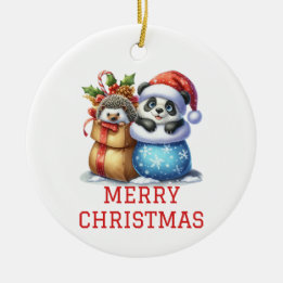 Cute Panda Bear and Hedgehog Cub Christmas Ceramic Ornament