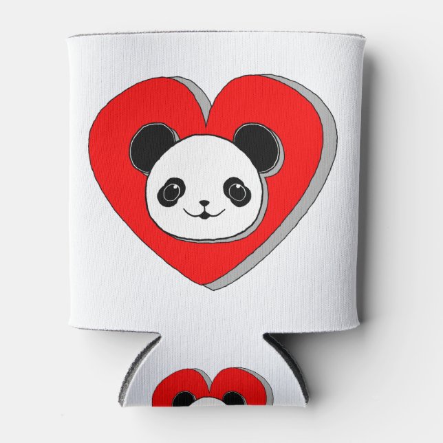 Cute Panda Bear And Red Heart Drawing Can Cooler (Front)