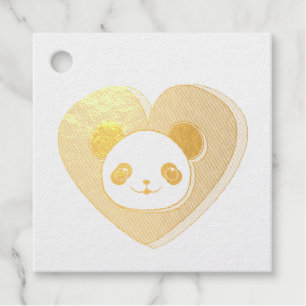 Cute Panda Bear And Red Heart Drawing Foil Favor Tags