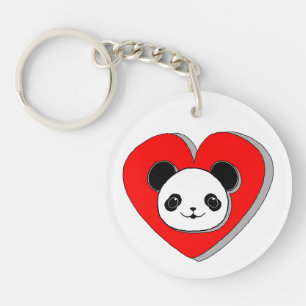 Cute Panda Bear And Red Heart Drawing Keychain