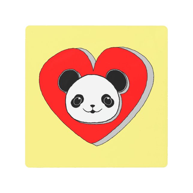 Cute Panda Bear And Red Heart Drawing Metal Print (Front)