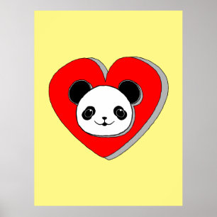 Cute Panda Bear And Red Heart Drawing Poster