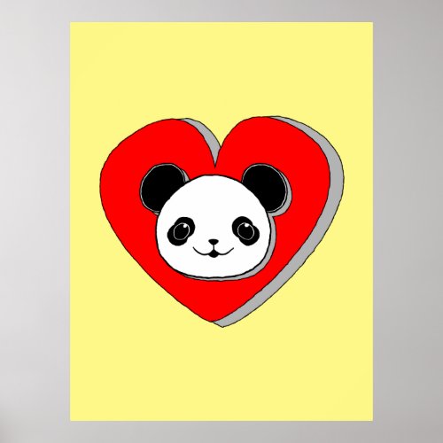 Cute Panda Bear And Red Heart Drawing Poster