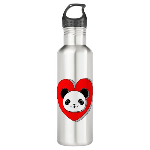 Cute Panda Bear And Red Heart Drawing Stainless Steel Water Bottle