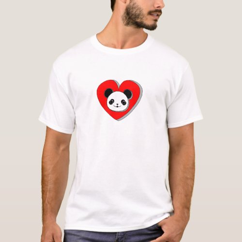 Cute Panda Bear And Red Heart Drawing T_Shirt