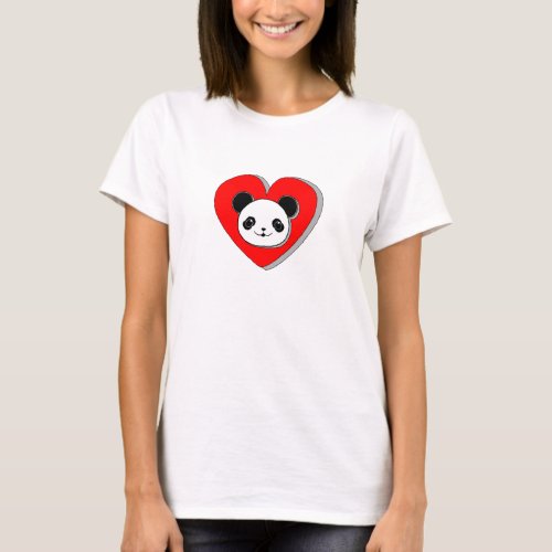Cute Panda Bear And Red Heart Drawing T_Shirt