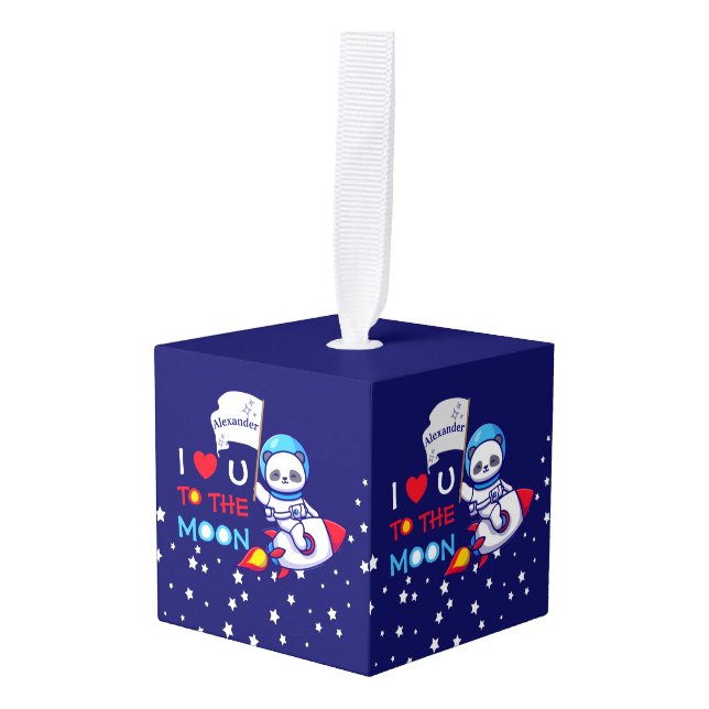 Cute Panda Bear Astronaut On Rocket Ship Kids  Cube Ornament (Front Angled)