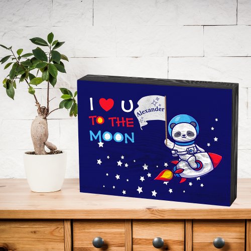 Cute Panda Bear Astronaut On Rocket Ship Kids  Wooden Box Sign