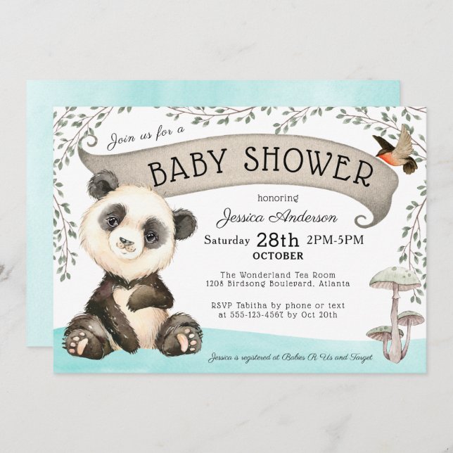 Cute Panda Bear Baby Shower Invitation (Front/Back)