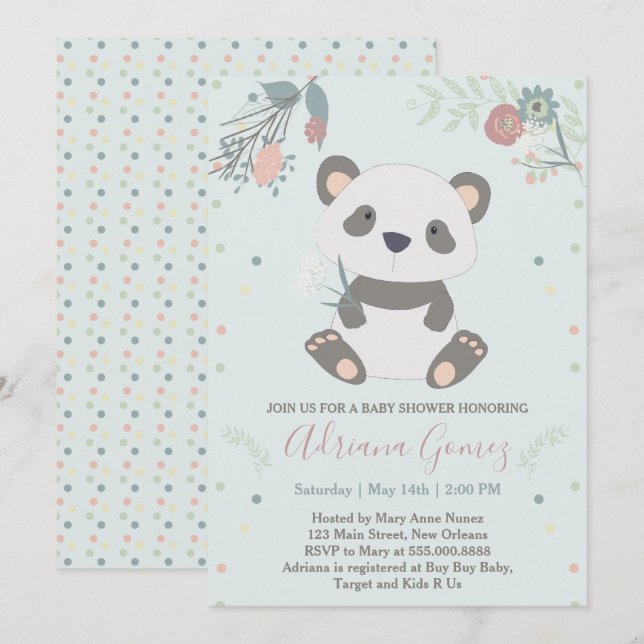 Cute Panda Bear Baby Shower Invitation (Front/Back)