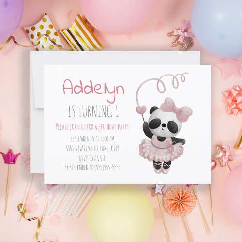Cute Panda Bear Ballerina Girls 1st Birthday Invitation