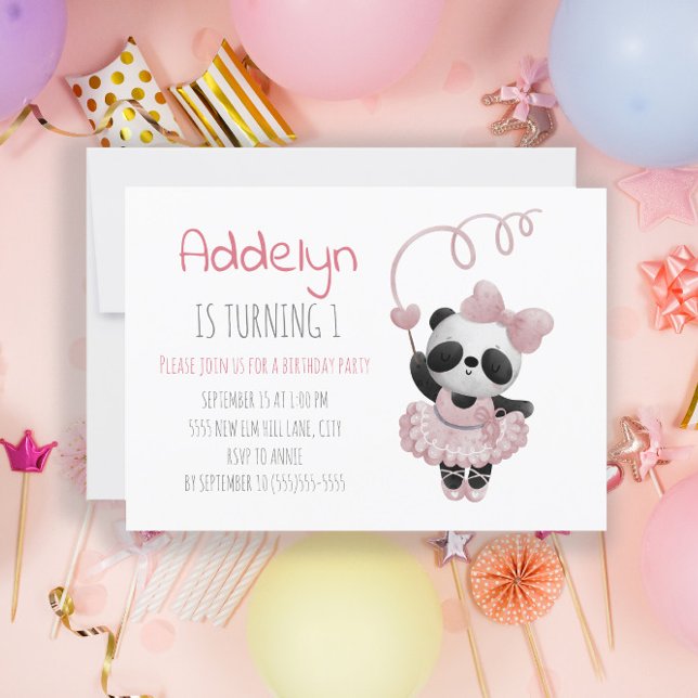 Cute Panda Bear Ballerina Girl's 1st Birthday Invitation (Creator Uploaded)