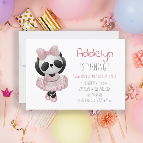 Cute Panda Bear Ballerina Pink 1st Birthday  Invitation
