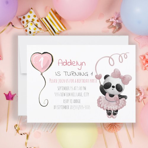 Cute Panda Bear Ballerina Pink 1st Birthday Invitation