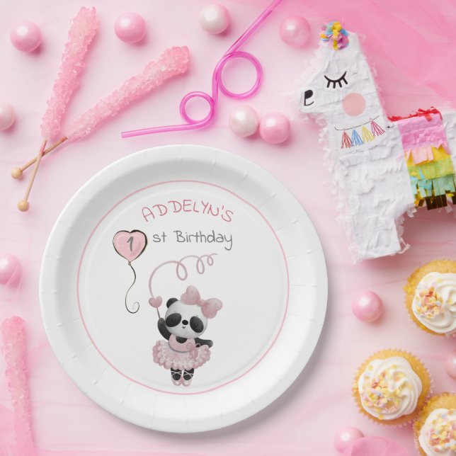 Cute Panda Bear Ballerina Pink Child's Birthday  Paper Plates (Party)