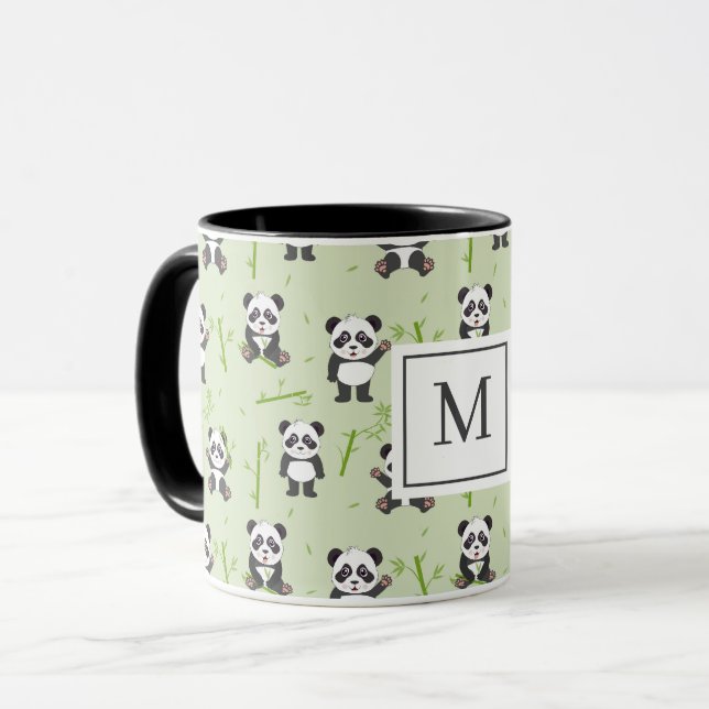 Cute Panda Bear Bamboo Kawaii Animals Monogram Mug (Front Left)