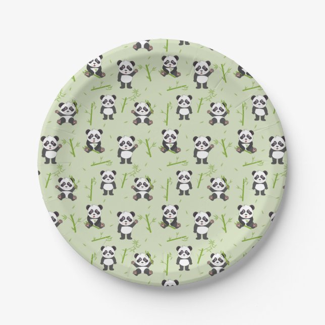 Cute Panda Bear Bamboo Kawaii Animals Pattern Paper Plates (Front)
