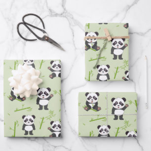 Cute Panda Bear Bamboo Kawaii Animals Pattern Wrapping Paper Sheets