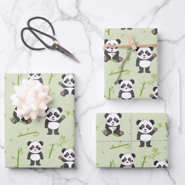 Cute Panda Bear Bamboo Kawaii Animals Pattern Wrapping Paper Sheets (Front)