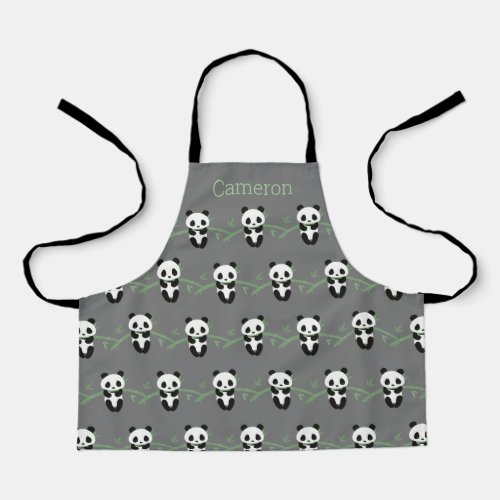 Cute Panda Bear Bamboo Pattern Gray Custom Name Apron