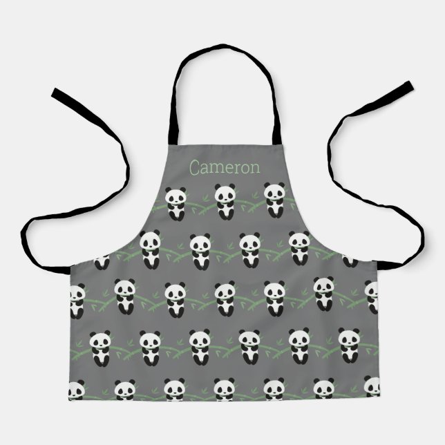 Cute Panda Bear Bamboo Pattern Gray Custom Name Apron (Front)