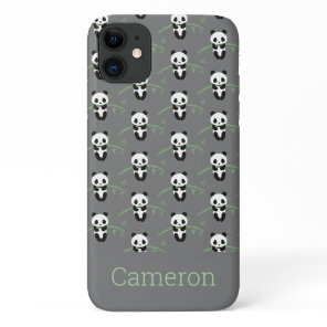 Cute Panda Bear Bamboo Pattern Gray Custom Name iPhone 11 Case