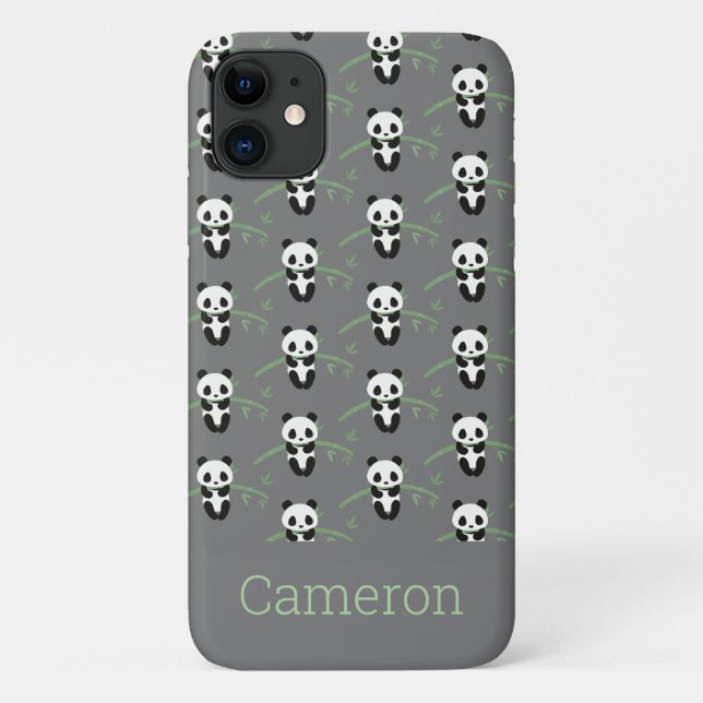 Cute Panda Bear Bamboo Pattern Gray Custom Name Case-Mate iPhone Case (Back)