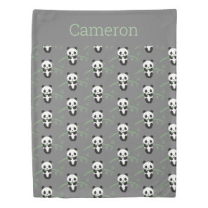 Cute Panda Bear Bamboo Pattern Gray Custom Name Duvet Cover