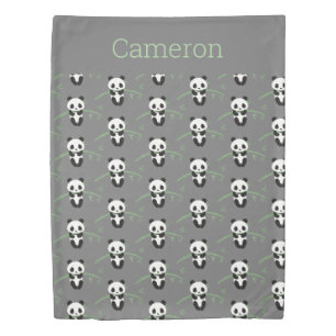 Cute Panda Bear Bamboo Pattern Gray Custom Name Duvet Cover