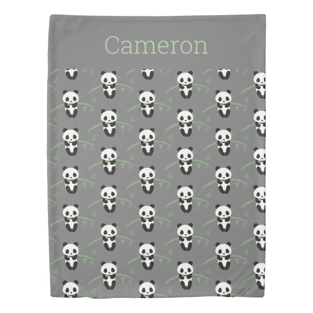 Cute Panda Bear Bamboo Pattern Gray Custom Name Duvet Cover (Front)