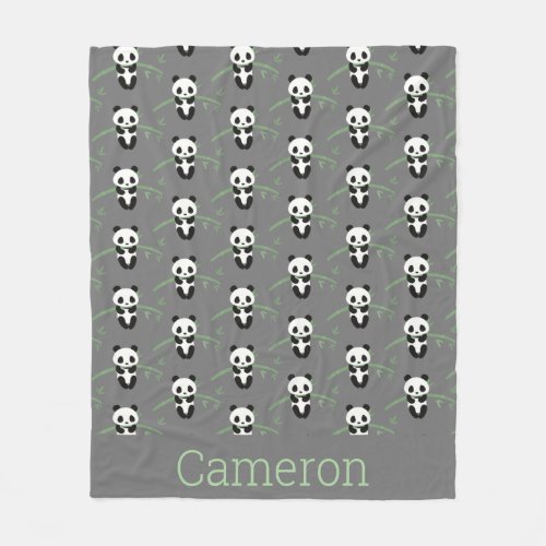 Cute Panda Bear Bamboo Pattern Gray Custom Name Fleece Blanket