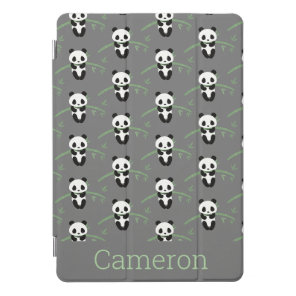 Cute Panda Bear Bamboo Pattern Gray Custom Name iPad Pro Cover