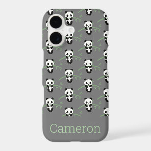 Cute Panda Bear Bamboo Pattern Gray Custom Name iPhone 17 Case