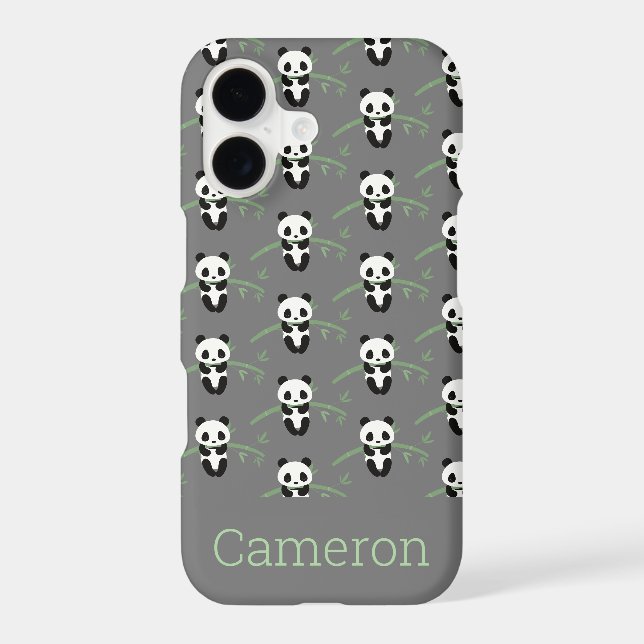 Cute Panda Bear Bamboo Pattern Gray Custom Name Iphone Case (Back)