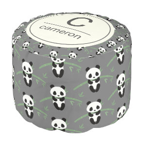 Cute Panda Bear Bamboo Pattern Gray Custom Name Pouf