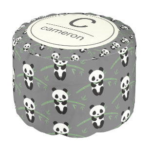 Cute Panda Bear Bamboo Pattern Gray Custom Name Pouf