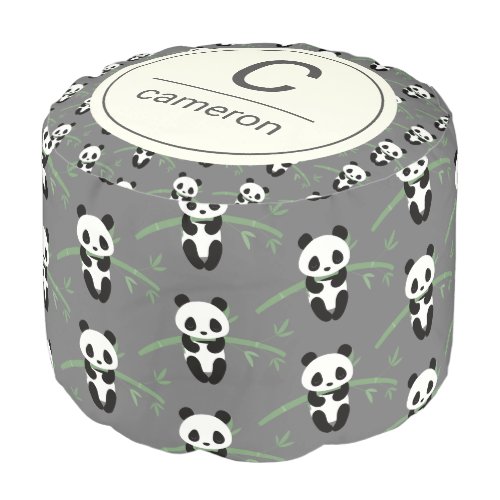 Cute Panda Bear Bamboo Pattern Gray Custom Name Pouf