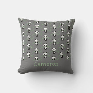 Cute Panda Bear Bamboo Pattern Gray Custom Name Throw Pillow
