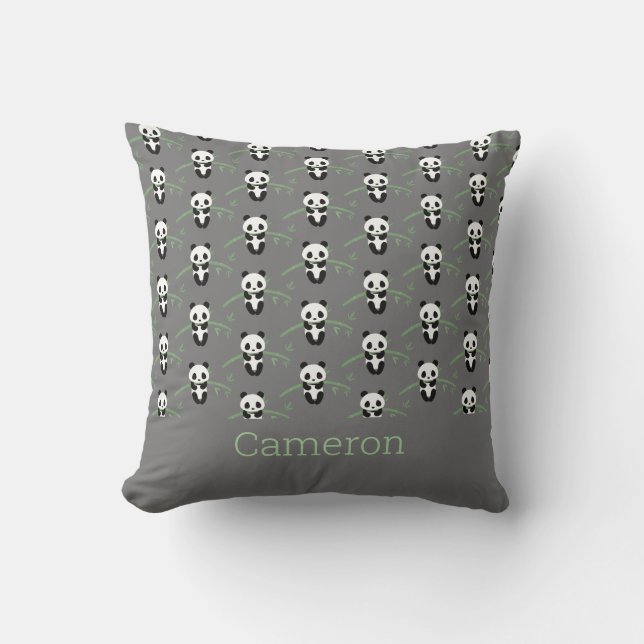 Cute Panda Bear Bamboo Pattern Gray Custom Name Throw Pillow (Front)
