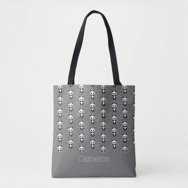 Cute Panda Bear Bamboo Pattern Gray Custom Name Tote Bag (Front)