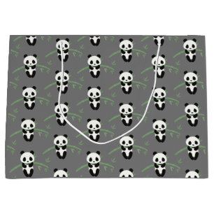 Cute Panda Bear Bamboo Pattern Gray Large Gift Bag